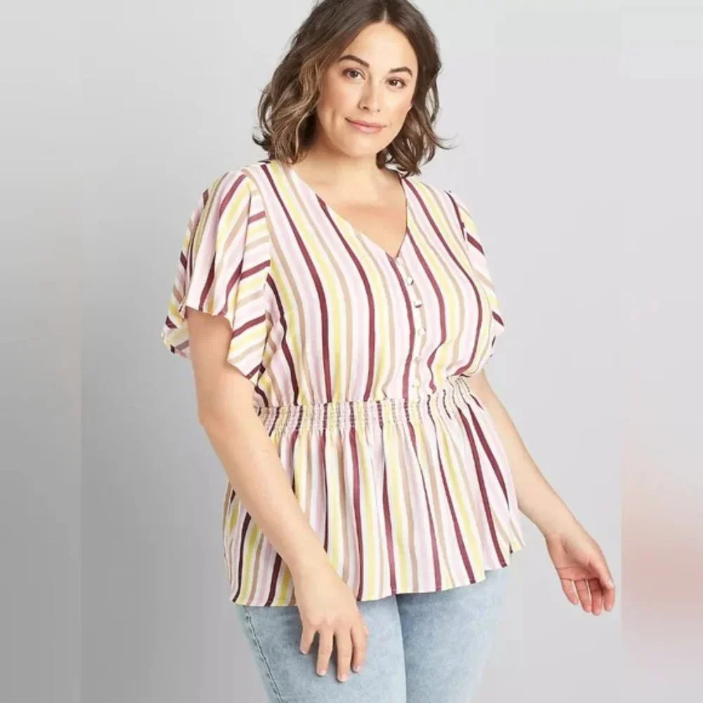 Lane Bryant Mulitcolor Stripes Short Sleeve V-Neck Smocked Waist Blouse Size 20